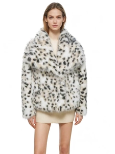 Close-up of leopard print faux fur texture and large lapel collar detail on winter coat