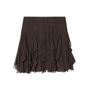 Mini-jupe asymétrique à volants marron chocolat pour femme en mousseline légère