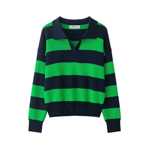 Women's knit polo sweater featuring green and navy blue horizontal stripes in size S