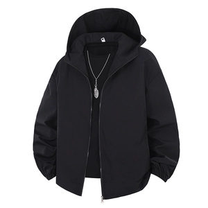 Men's minimalist black hooded windbreaker jacket with zipper and elastic cuffs