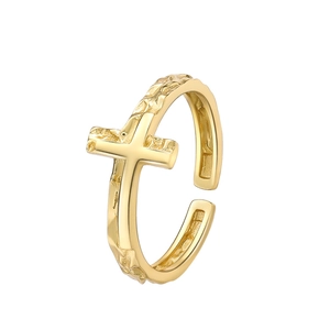 S925 silver adjustable golden cross ring with irregular textured surface design