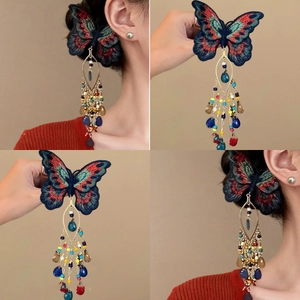 Pince À Cheveux Papillon Tissu Brodé Cristal Gland Perle Ethnique Rétro Style Chinois Épingle À Cheveux Bec De Canard