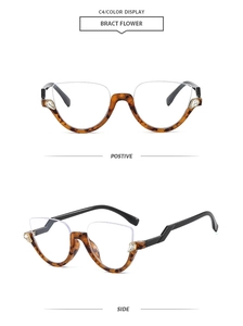 Detailed front and side views of tortoiseshell cat-eye glasses with sparkling rhinestone accents