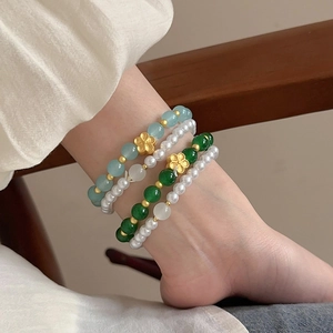 2-piece vintage floral beaded anklet set with faux pearls and green stone beads