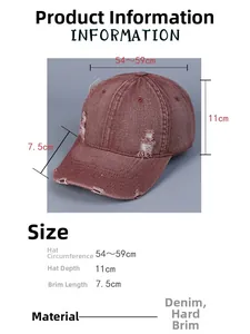 Detailed size chart for washed denim baseball cap with 54-59cm adjustable circumference