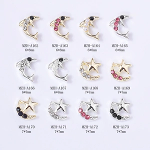 Star and moon nail art charms with pearls and rhinestones in gold and silver plating