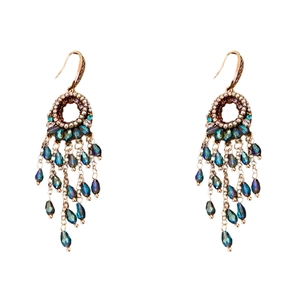 Ethnic bohemian gold hollow earrings with zircon crystals and colorful beaded tassels