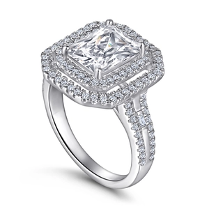 Luxurious silver princess cut engagement ring with double halo and pave set diamonds
