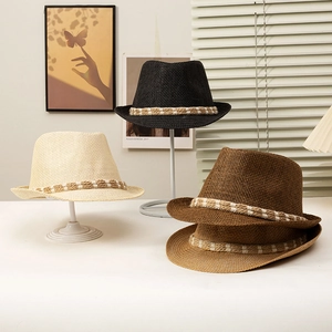Neutral fedora straw hats in four colors with rope bands for sun protection and style