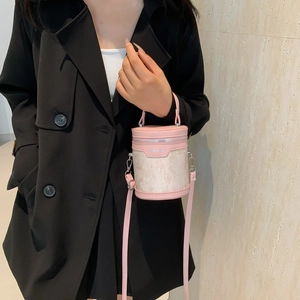 Women Cylinder Bucket Bag PU Leather Embroidery Lace Handheld Crossbody Purse For Daily Street Style Fashion Trendy