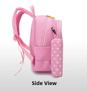 Side view of pink kids backpack showing breathable mesh pocket and matching pencil case