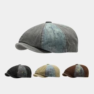 Vintage washed cotton newsboy cap with patchwork design in four classic colors