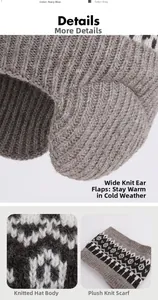 Detail view of winter knitted beanie and neck warmer set with navy geometric patterns