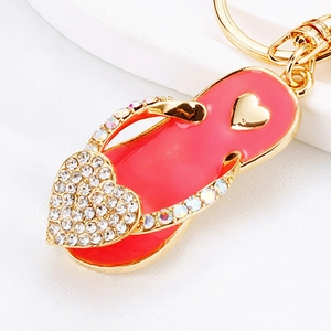 Pink rhinestone flip flop keychain with heart detail and gold plated metal ring for women