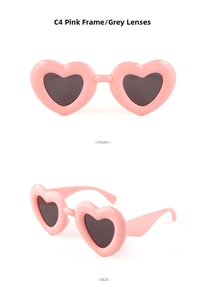 Front and side views of heart-shaped sunglasses in pink frame with dark grey lenses