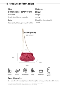 Size chart showing 28cm straw bag dimensions and pink woven shoulder bag capacity
