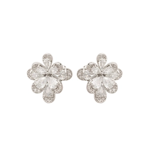 Elegant silver zircon flower ear clips featuring sparkling cluster petals on white background