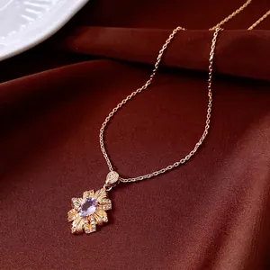 14k gold plated rhombus pendant necklace featuring purple gemstone and luxury sunburst design