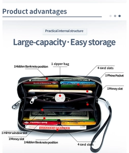 Detailed interior view of a black leather RFID wallet with multiple card slots and phone pocket
