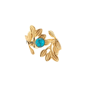 Gold leaf design stainless steel bangle with turquoise stone inlay, 7cm inner diameter