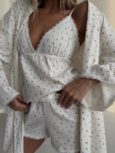 Women's 3-piece floral lounge set with lace V-neck camisole, shorts, and robe in white/purple