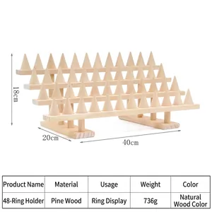 3-tier solid pine wood cone ring display stand with 48 slots for jewelry storage