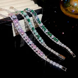 Elegant zircon bracelets in pink, light green, and dark green stones with silver metal finish