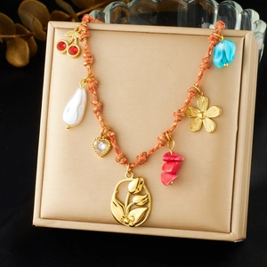 Bohemian Woven Rope Necklace With Stainless Steel Tulip Cherry Flower Heart Pendants Colorful Imitation Artificial Pearl For Women