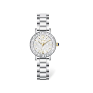 Detail of silver stainless steel watch featuring a white textured dial and golden numerals