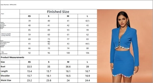 Größentabelle für figurbetontes Langarm-Crop-Top und Minirock-Set mit detaillierten Maßen
