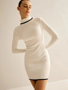 Elegant white ribbed knit mini dress with high neck and black contrast stripes for women