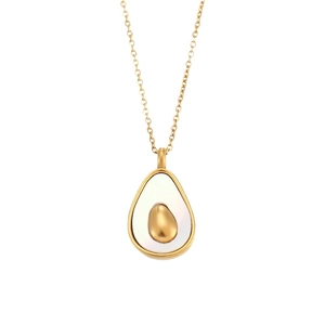 Minimalist golden avocado necklace with white shell pendant on a thin gold chain