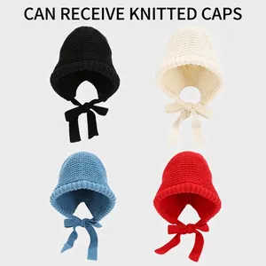 Women Korean Style Acrylic Knitted Beanie Hat Warm Winter Packable Ear Protection Lace Up Bow Bonnet Kawaii