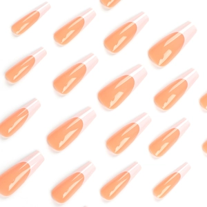 Long coffin-shaped French false nails in glossy orange pink and light pink tip design