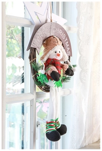 Close-up of a rustic wicker Christmas wreath with a plush snowman and lace window backdrop
