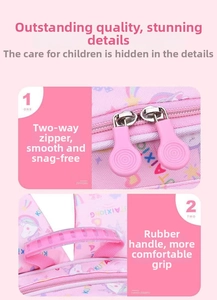 Pink school backpack with smooth two-way zippers and soft rubber handle for easy carrying