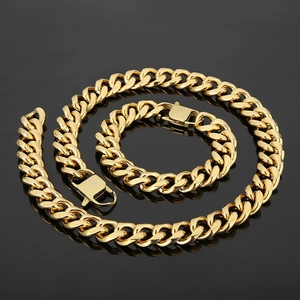 Close-up of a 15mm gold-plated titanium steel Cuban chain necklace and bracelet set