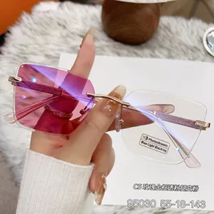 Detail of pink gradient rimless sunglasses with rose gold glitter arms and size 55-18-143