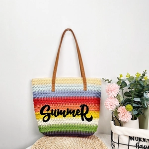 Woven Straw Tote Bag Striped Embroidery Beach Large Capacity Summer Shoulder Handbag With PU Leather Handle