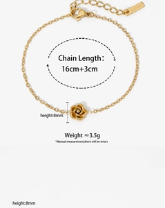 Detail of 16cm golden stainless steel rose bracelet with size and weight measurements