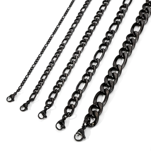 Detail view of five black Figaro necklaces in various widths with lobster clasps
