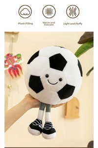 Close-up of a plush soccer toy with cute long legs and a smiling face in a home setting