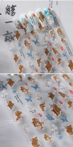 Detail of Chinese calligraphy nail art stickers with blue butterflies and floral ink motifs