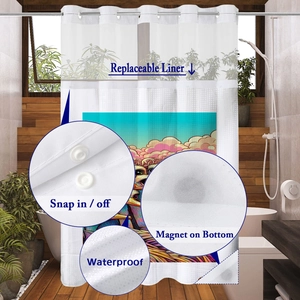 Detail of snap-in waterproof liner and weighted bottom magnets for animal print shower curtain