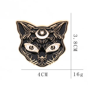 Punk black enamel cat pin with moon and stars, gold finish, 4x3.8cm brooch size dimensions