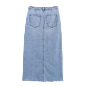 Slim fit light blue denim midi skirt with raw hem and back pockets for women