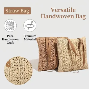 Handwoven straw tote bag in khaki and beige with faux leather handles for beach vacation