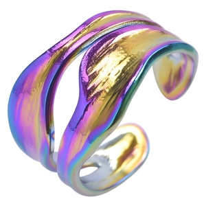 Macro view of double-layered rainbow snake ring with metallic liquid gradient finish