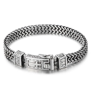 Bracelet Homme Acier Inoxydable Croix Vintage Chaîne Tressée Chiffres Romains Fermoir Boîte Punk Streetwear Bijoux