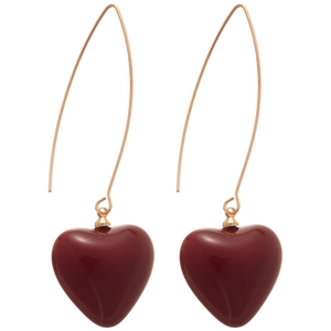 Fashionable long gold hook earrings featuring deep red heart pendants and pearls